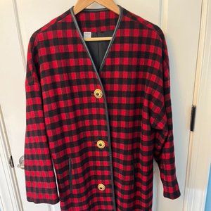 Cashmere and Wool Blend V Neck Button Down Red and Black Check Coat, Size S